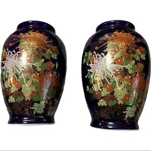 2 Vtg Cobalt Blue & Floral Print 6.5" Vases Nagoya
